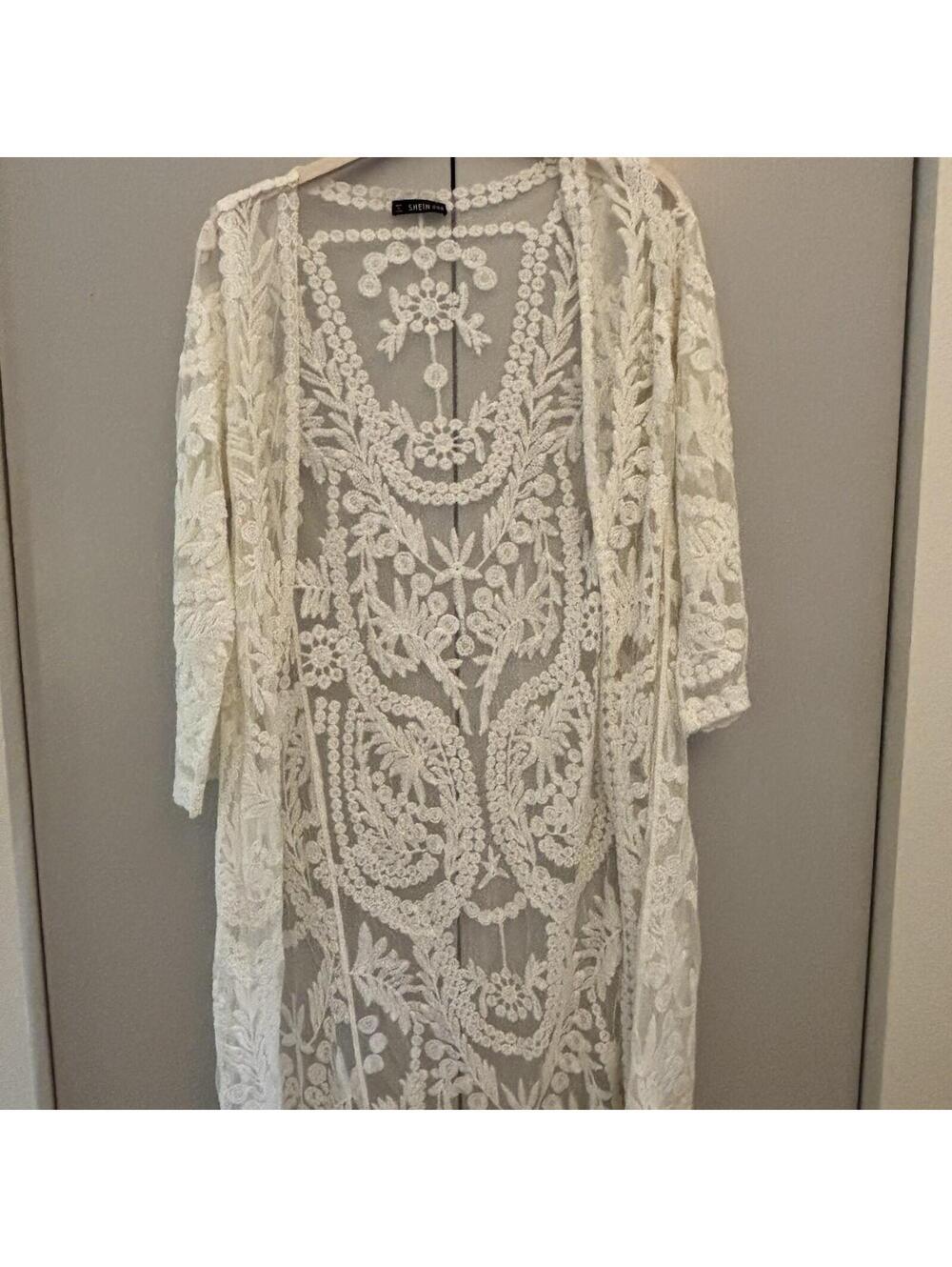 SHEIN Ivory Lace Duster Kimono Boho Sheer Embroidered One Size
